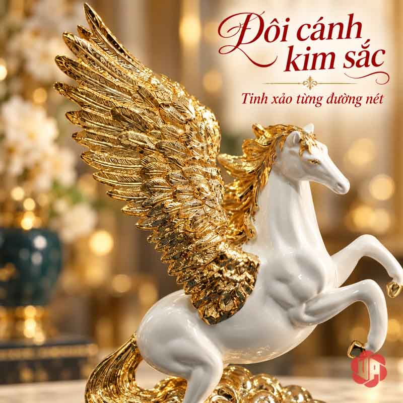 Tượng Ngựa Có Cánh Pegasus Trắng Vàng UPV041 Cận cảnh đôi cánh vàng xếp lớp phía sau thân ngựa trắng đang tung vó