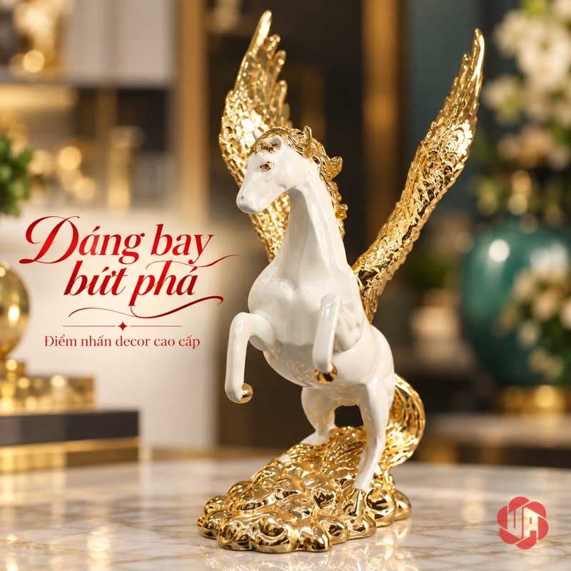 Tượng Ngựa Có Cánh Pegasus Trắng Vàng UPV041 Tượng ngựa trắng hai cánh vàng mở, dáng tung vó trên bệ họa tiết cuộn