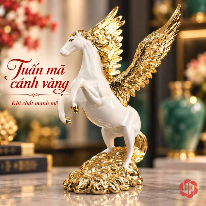 Tượng Ngựa Có Cánh Pegasus Trắng Vàng UPV041 Tượng ngựa trắng có hai cánh vàng nhìn chéo phía trước trên bệ cuộn màu vàng