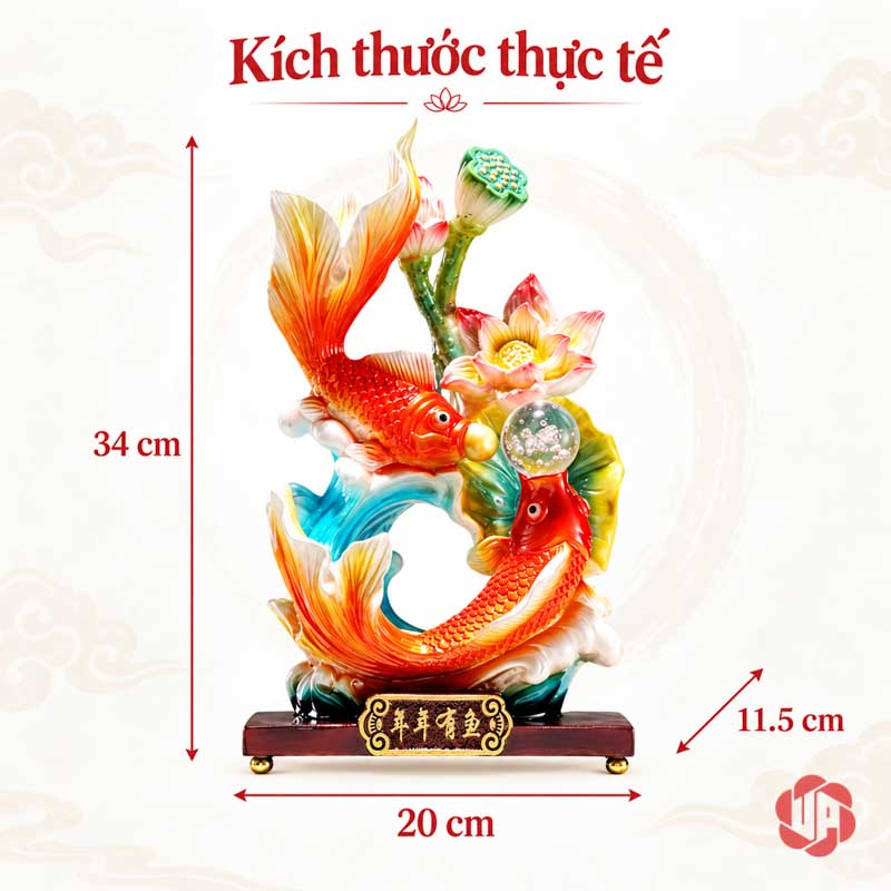 Tượng Phong Thủy Song Ngư Nhả Ngọc Hoa Sen UPV044 Ảnh toàn cụm Song Ngư Nhả Ngọc ghi rộng 20, sâu 11,5 và cao 34 cm