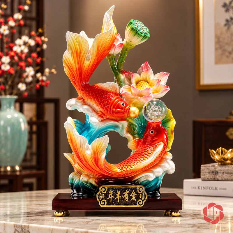 Tượng Phong Thủy Song Ngư Nhả Ngọc Hoa Sen UPV044 Tượng song ngư cá đỏ cam, sen hồng và sóng xanh cạnh sách và bình gốm