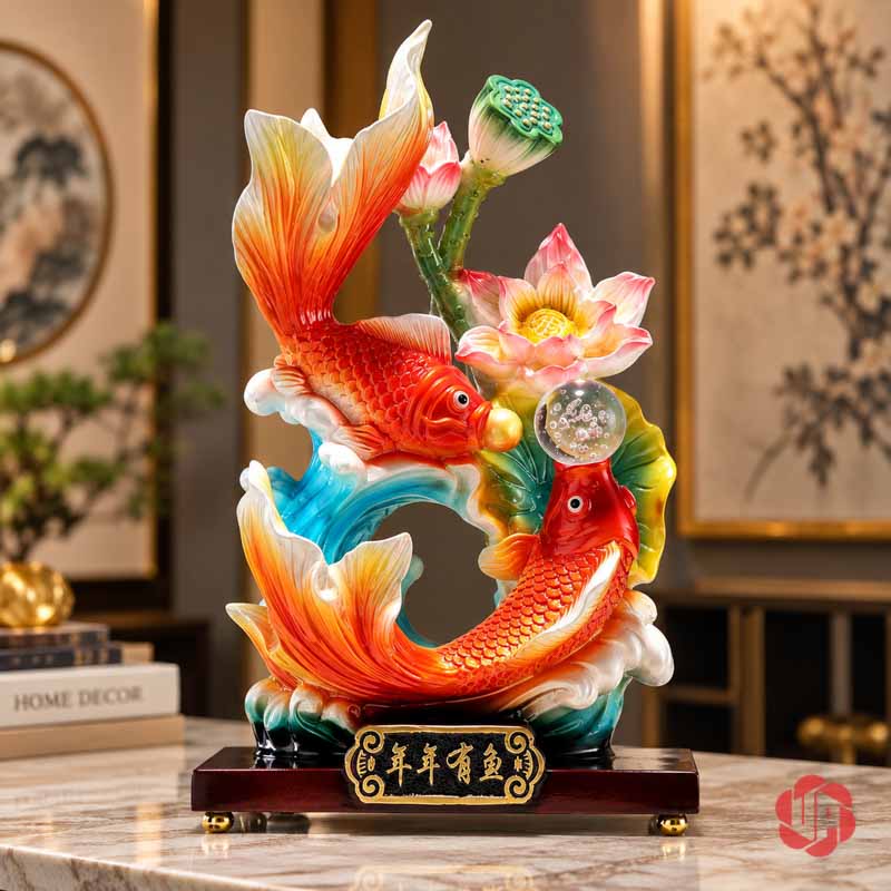 Tượng Phong Thủy Song Ngư Nhả Ngọc Hoa Sen UPV044 Tượng hai cá và hoa sen đặt trên mặt bàn sáng trước tranh và bình hoa
