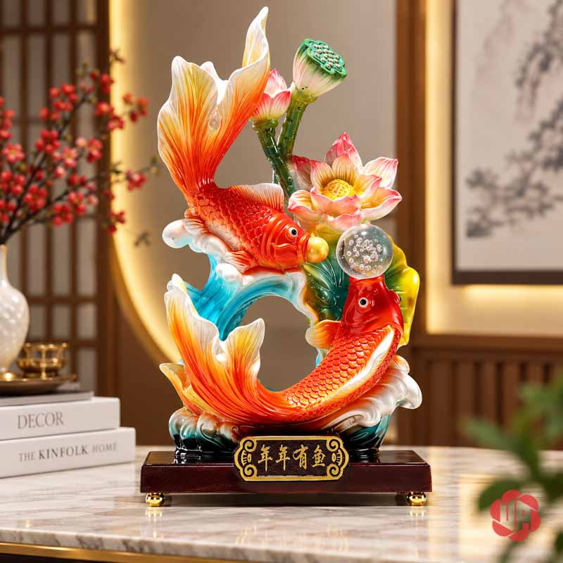 Tượng Phong Thủy Song Ngư Nhả Ngọc Hoa Sen UPV044 Tượng song ngư trên mặt tủ sáng, cạnh sách và bình hoa, phía sau là tranh tròn