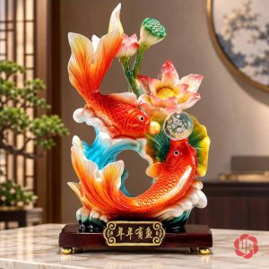 Toàn cảnh hai cá đỏ cam quanh sóng xanh, hoa sen phía trên và đế nâu chữ vàng