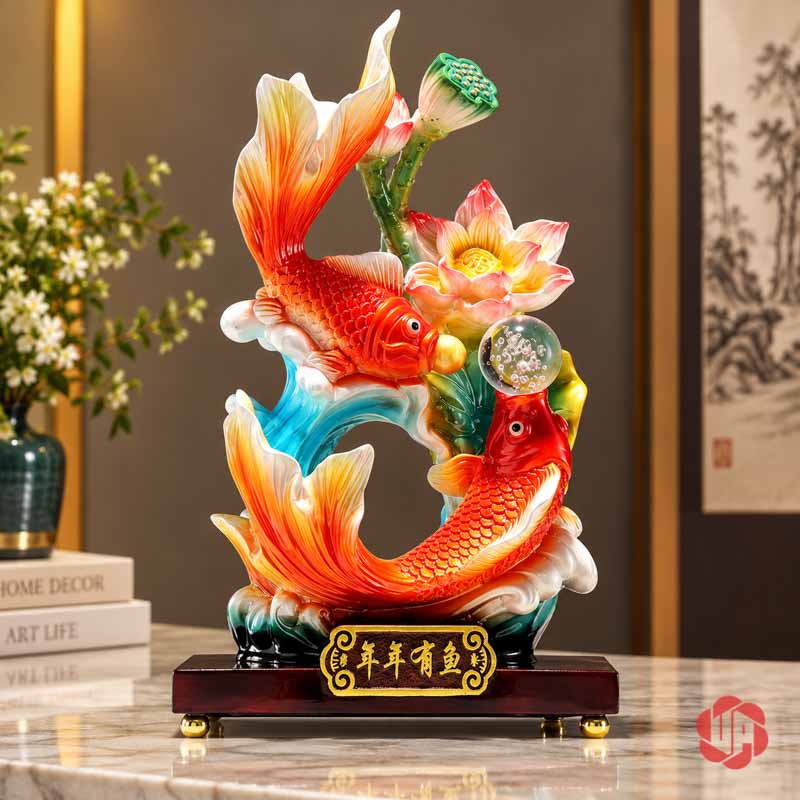 Tượng Phong Thủy Song Ngư Nhả Ngọc Hoa Sen UPV044 Tượng cá sen nhìn chính diện, cạnh bình xanh và sách bìa sáng