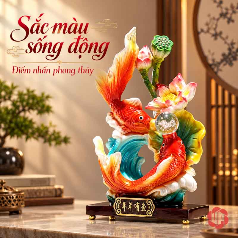 Tượng Phong Thủy Song Ngư Nhả Ngọc Hoa Sen UPV044 Toàn cụm hai cá đỏ cam, hoa sen hồng, đài sen xanh và sóng xanh trên chân đế nâu