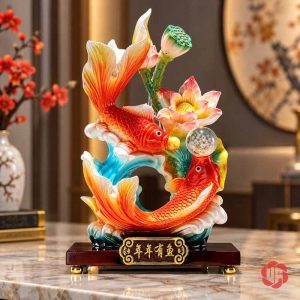 Tượng hai cá đỏ cam uốn quanh sóng xanh, phía trên có hoa và đài sen, trên đế nâu