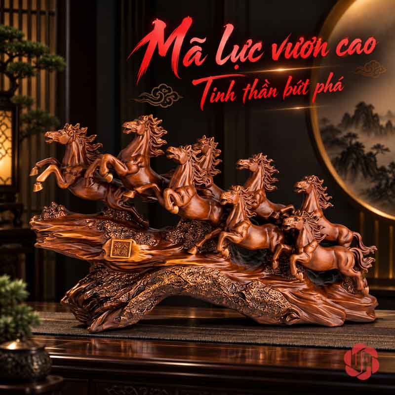 Tượng Ngựa Phong Thủy Bát Mã Truy Phong UPV058 Tượng Bát Mã nâu gỗ trên mặt tủ tối trong không gian ánh sáng ấm