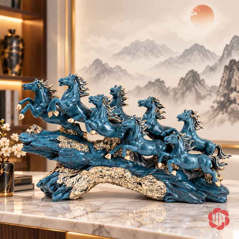 Tượng Ngựa Phong Thủy Bát Mã Truy Phong UPV058 Tượng Bát Mã Truy Phong màu xanh phối ánh kim trên bệ ngang, ảnh không chữ quảng cáo