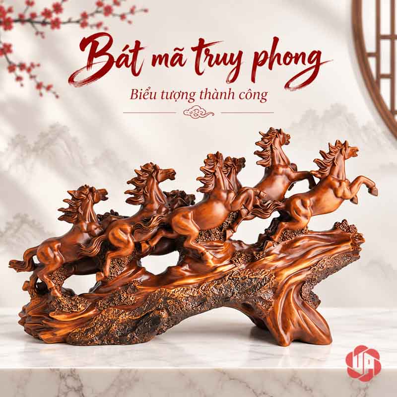 Tượng Ngựa Phong Thủy Bát Mã Truy Phong UPV058 Tượng Bát Mã màu nâu gỗ nhìn từ phía đối diện, các dáng ngựa nối tiếp trên bệ