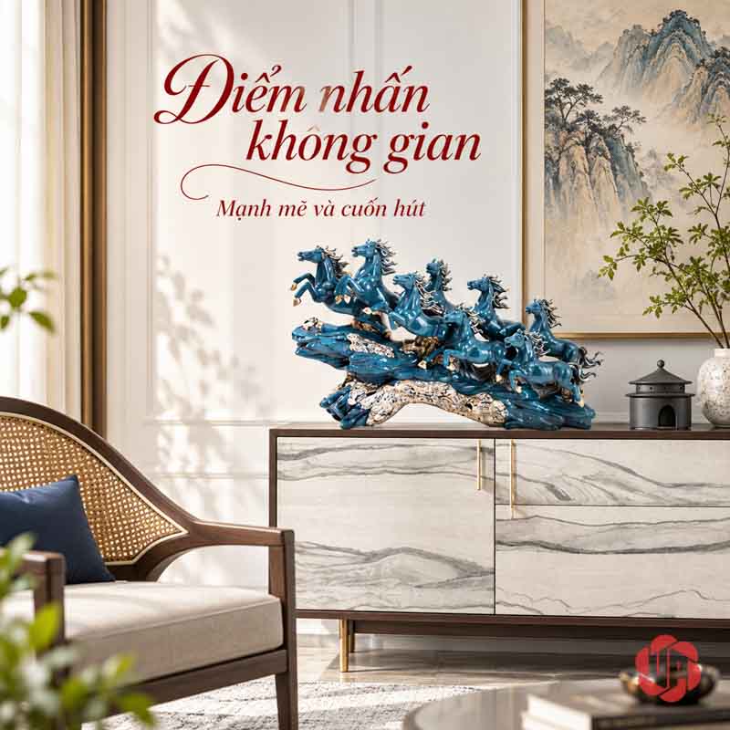 Tượng Ngựa Phong Thủy Bát Mã Truy Phong UPV058 Tượng Bát Mã xanh đặt trên tủ console sáng cạnh ghế và tranh phong cảnh