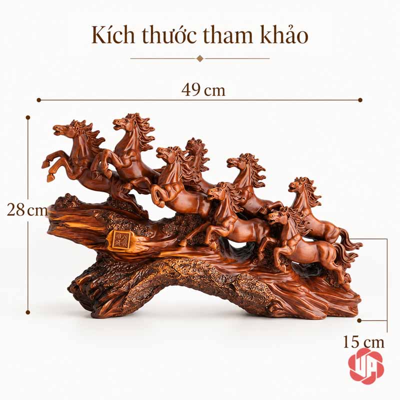 Tượng Ngựa Phong Thủy Bát Mã Truy Phong UPV058 Ảnh tượng Bát Mã nâu ghi dài 49 cm, rộng 15 cm và cao 28 cm