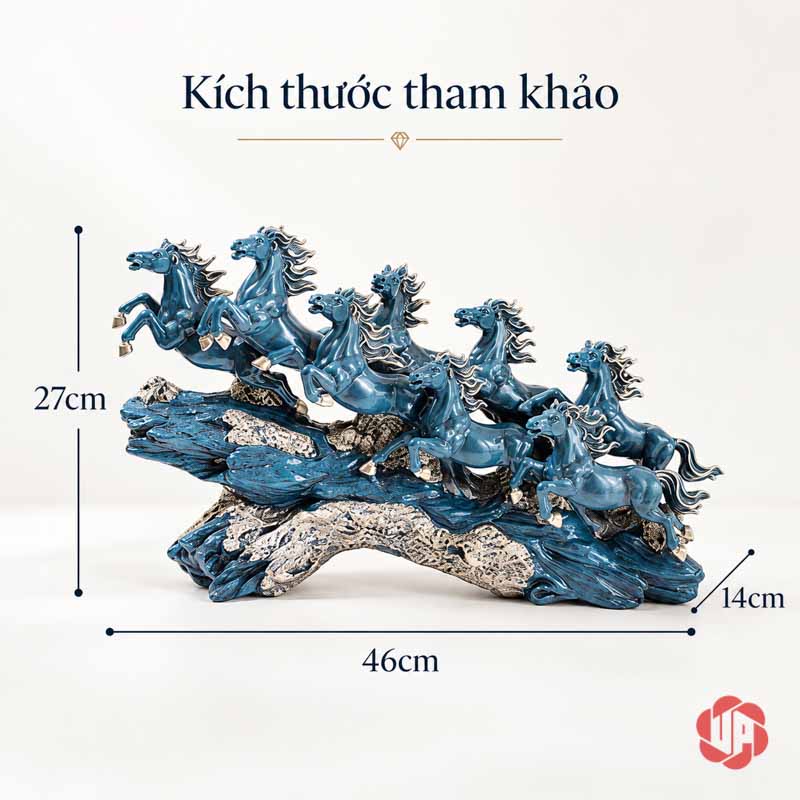 Tượng Ngựa Phong Thủy Bát Mã Truy Phong UPV058 Ảnh tượng Bát Mã xanh ghi dài 46 cm, rộng 14 cm và cao 27 cm