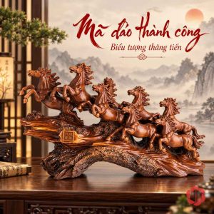 Tượng Bát Mã màu nâu gỗ nhìn từ mặt có bảng chữ trên bệ, đặt trước tranh phong cảnh