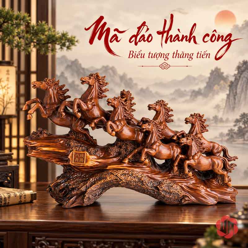 Tượng Ngựa Phong Thủy Bát Mã Truy Phong UPV058 Tượng Bát Mã màu nâu gỗ nhìn từ mặt có bảng chữ trên bệ, đặt trước tranh phong cảnh