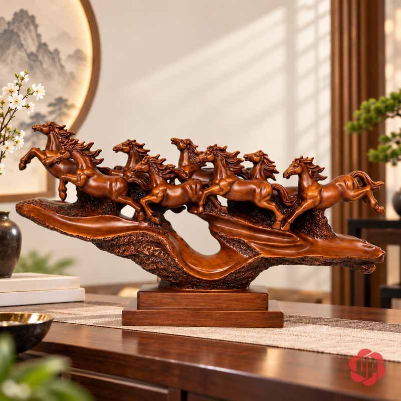 Tượng Bát Mã Truy Phong Nâu Gỗ Cỡ 50 Cm UPV058A Tượng Bát Mã Truy Phong UPV058A màu nâu trên bàn gỗ