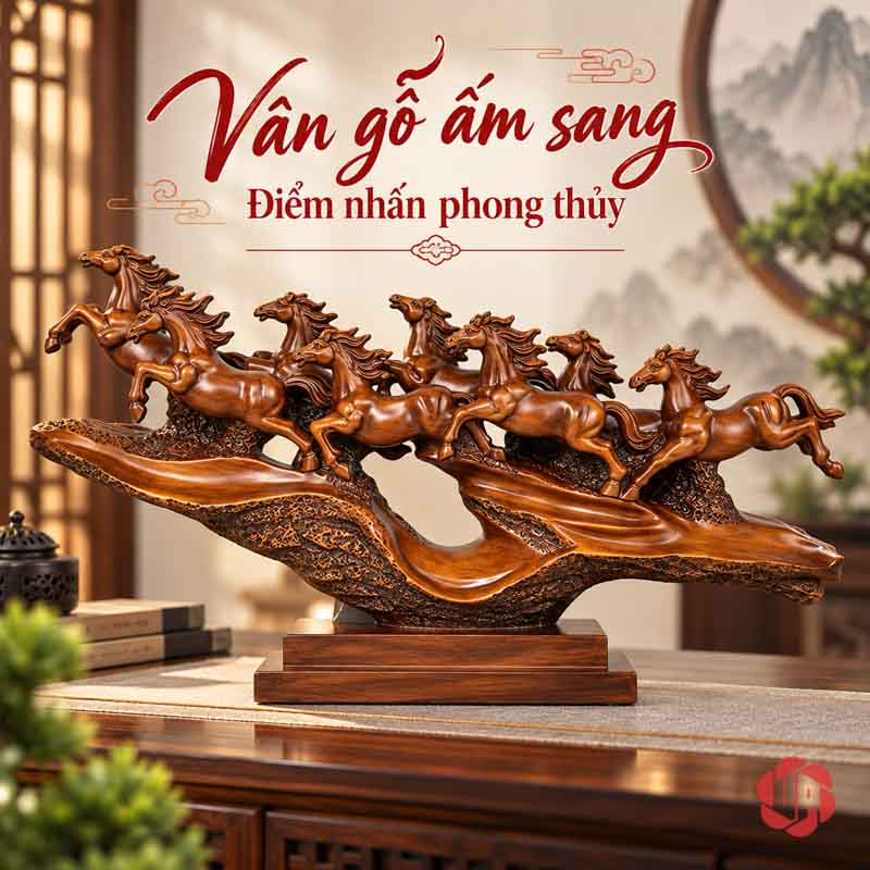 Tượng Bát Mã Truy Phong Nâu Gỗ Cỡ 50 Cm UPV058A Toàn cảnh bát mã truy phong với phần bệ dài uốn lượn