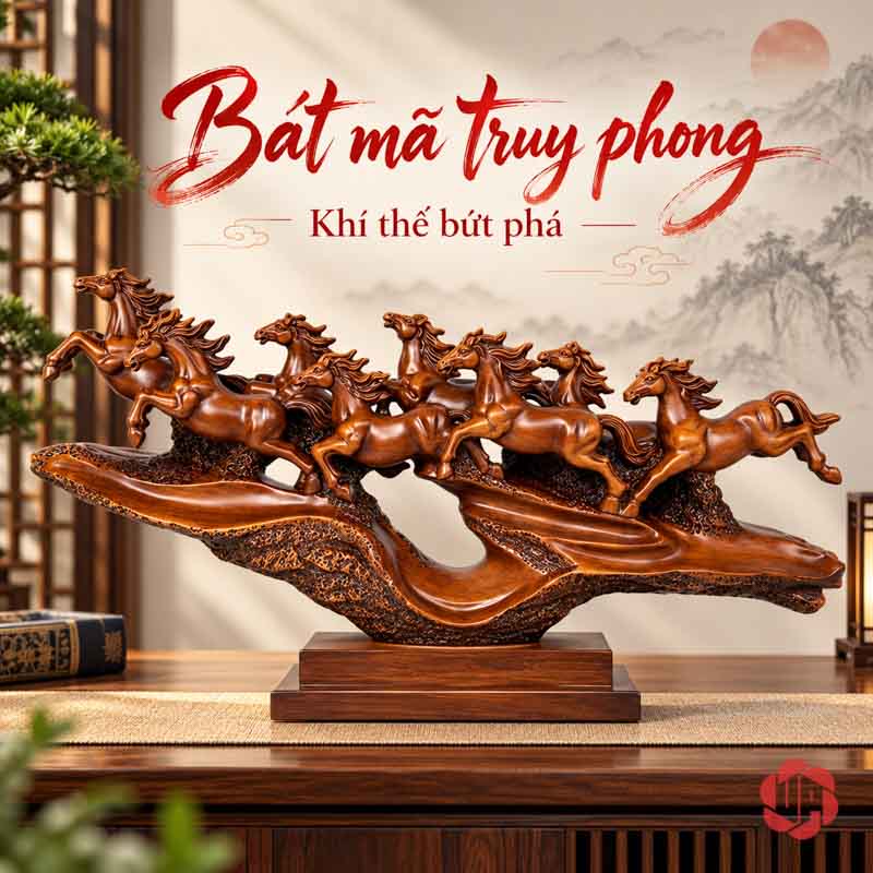 Tượng Bát Mã Truy Phong Nâu Gỗ Cỡ 50 Cm UPV058A Tám chú ngựa trên bệ uốn cong của tượng bát mã
