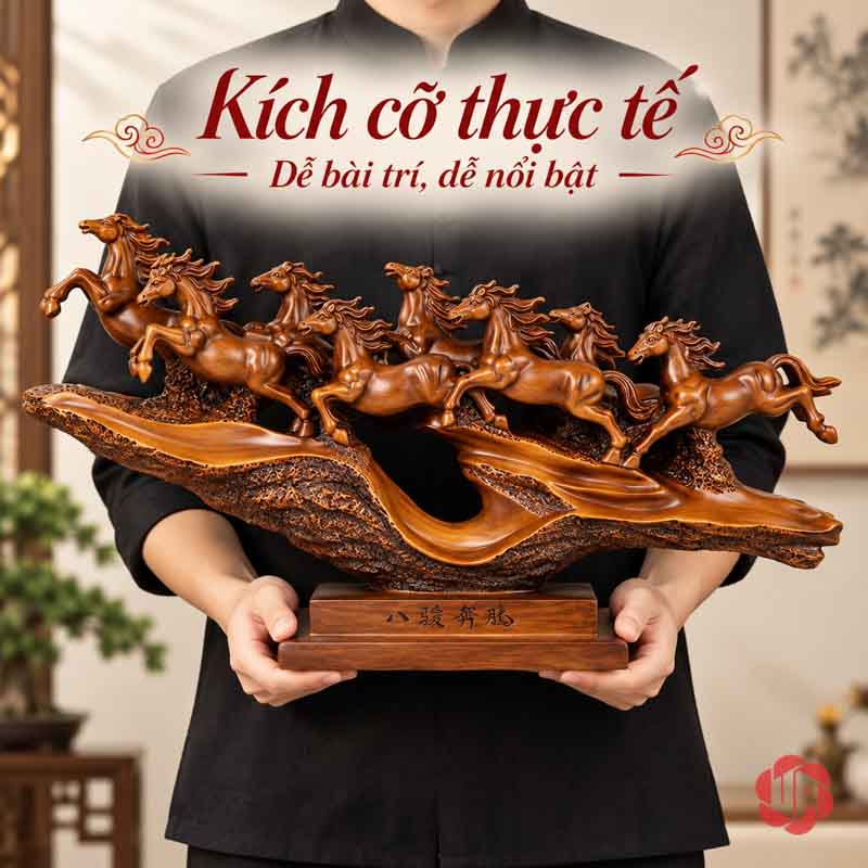 Tượng Bát Mã Truy Phong Nâu Gỗ Cỡ 50 Cm UPV058A Tượng bát mã nâu được cầm bằng hai tay ở phần chân đế
