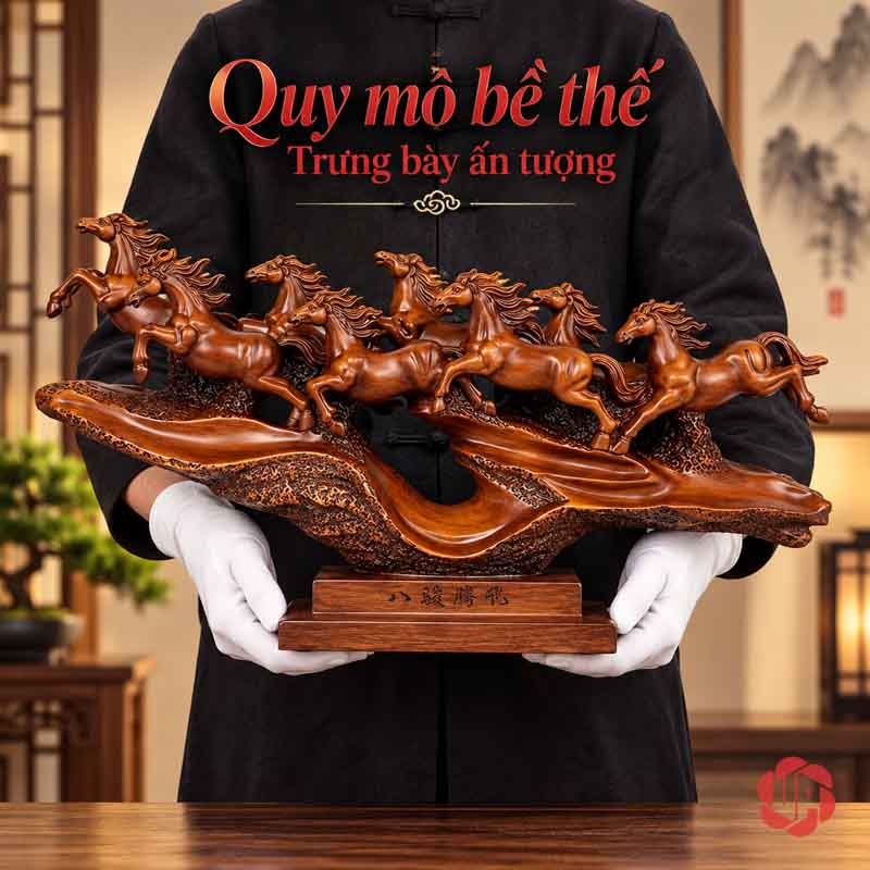 Tượng Bát Mã Truy Phong Nâu Gỗ Cỡ 50 Cm UPV058A Người đeo găng nâng tượng bát mã trên bệ chữ nhật