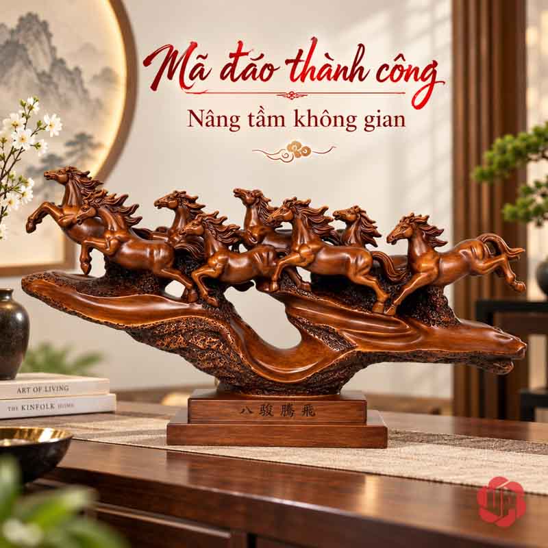 Tượng Bát Mã Truy Phong Nâu Gỗ Cỡ 50 Cm UPV058A Tượng bát mã màu nâu gỗ trước nền tranh sơn thủy