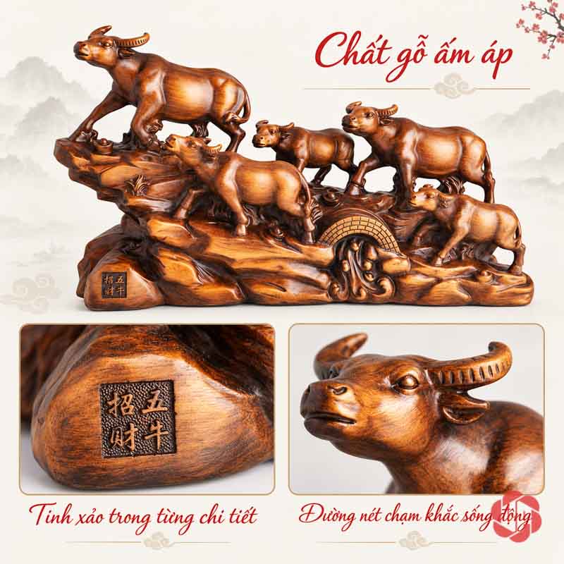 Tượng Đàn Trâu Lên Núi Nâu Gỗ UPV059 Ảnh ghép toàn cảnh và chi tiết bề mặt tượng đàn trâu