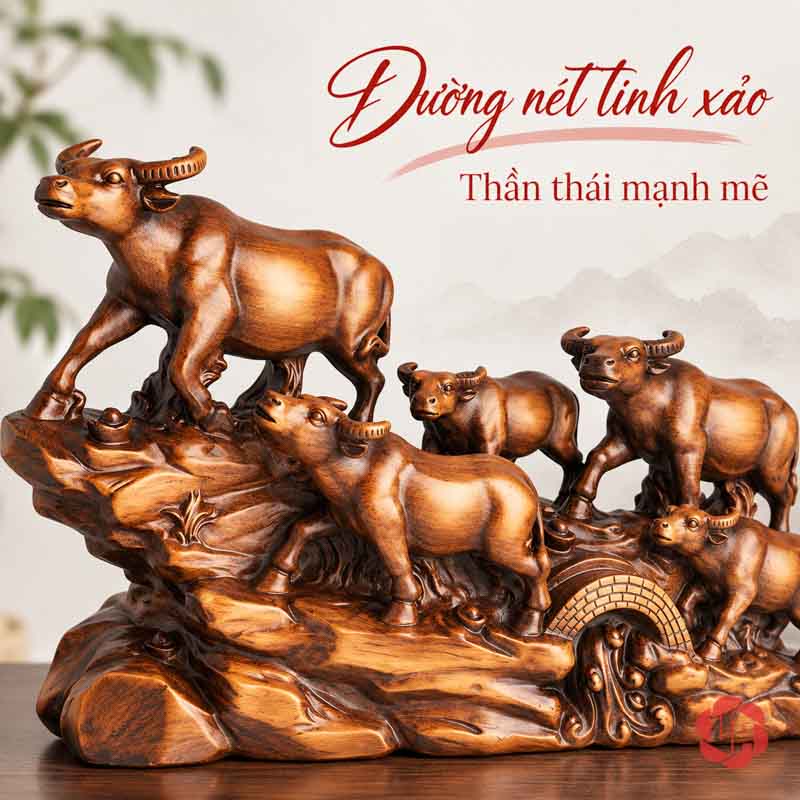 Tượng Đàn Trâu Lên Núi Nâu Gỗ UPV059 Cận cảnh dáng trâu và phần địa hình của tượng UPV059