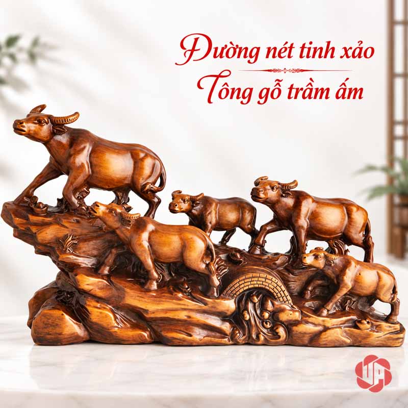 Tượng Đàn Trâu Lên Núi Nâu Gỗ UPV059 Đàn trâu lên núi màu nâu trên mặt kê sáng