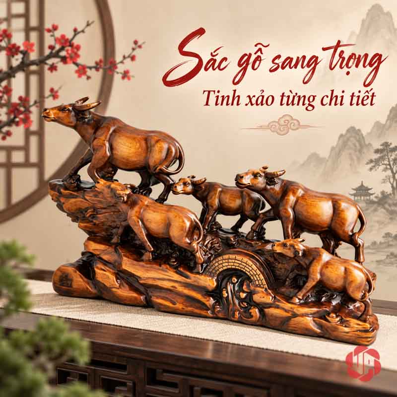 Tượng Đàn Trâu Lên Núi Nâu Gỗ UPV059 Tượng đàn trâu nâu nhìn chéo trên mặt tủ sáng