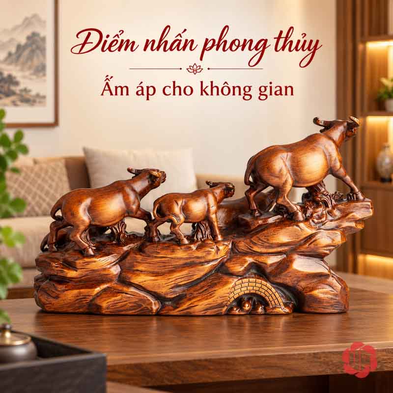 Tượng Đàn Trâu Lên Núi Nâu Gỗ UPV059 Góc nhìn phía sau của tượng đàn trâu đặt cạnh sofa