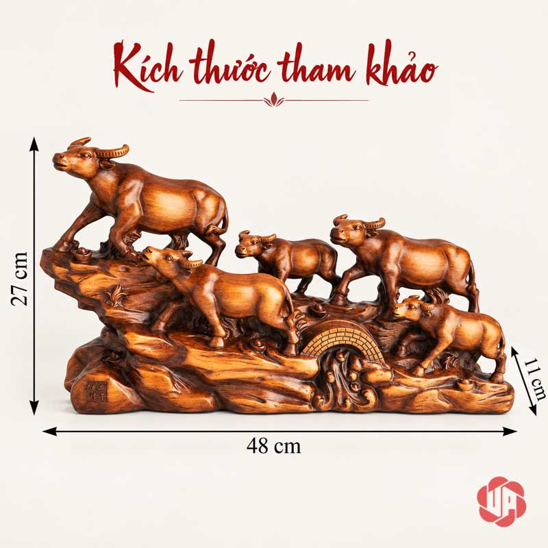 Tượng Đàn Trâu Lên Núi Nâu Gỗ UPV059 Ảnh ghi kích thước tượng đàn trâu dài 48 rộng 11 cao 27 cm