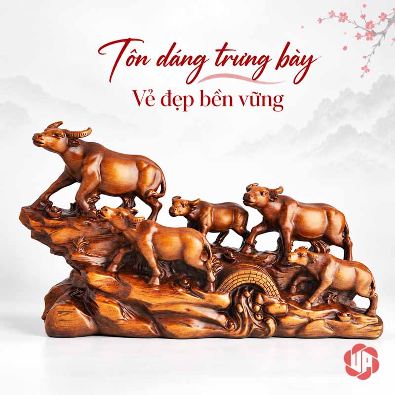 Tượng Đàn Trâu Lên Núi Nâu Gỗ UPV059 Năm chú trâu trong bố cục lên núi trên nền sáng