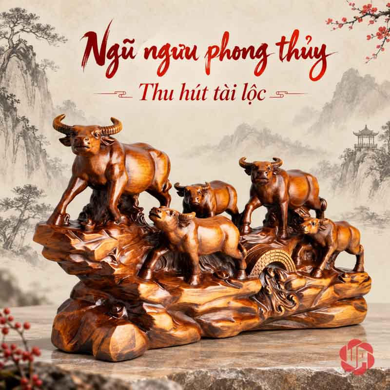 Tượng Đàn Trâu Lên Núi Nâu Gỗ UPV059 Tượng ngũ ngưu UPV059 đặt trước nền trang trí sơn thủy