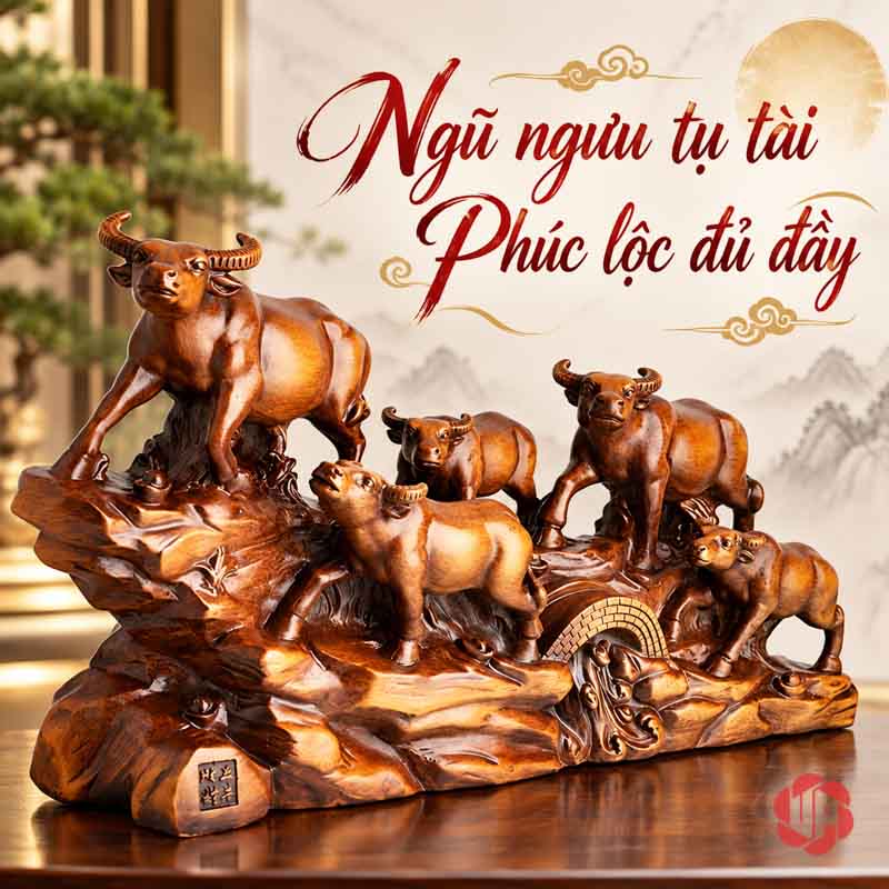 Tượng Đàn Trâu Lên Núi Nâu Gỗ UPV059 Đàn trâu lên núi trên tủ gỗ với nền tranh phía sau