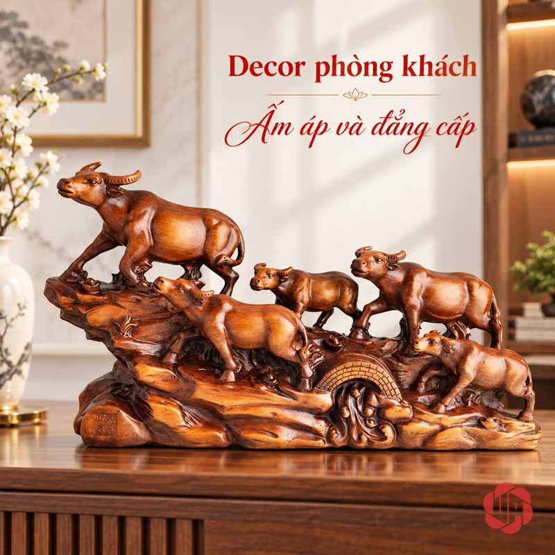 Tượng Đàn Trâu Lên Núi Nâu Gỗ UPV059 Tượng đàn trâu màu nâu trên mặt tủ trong phòng khách