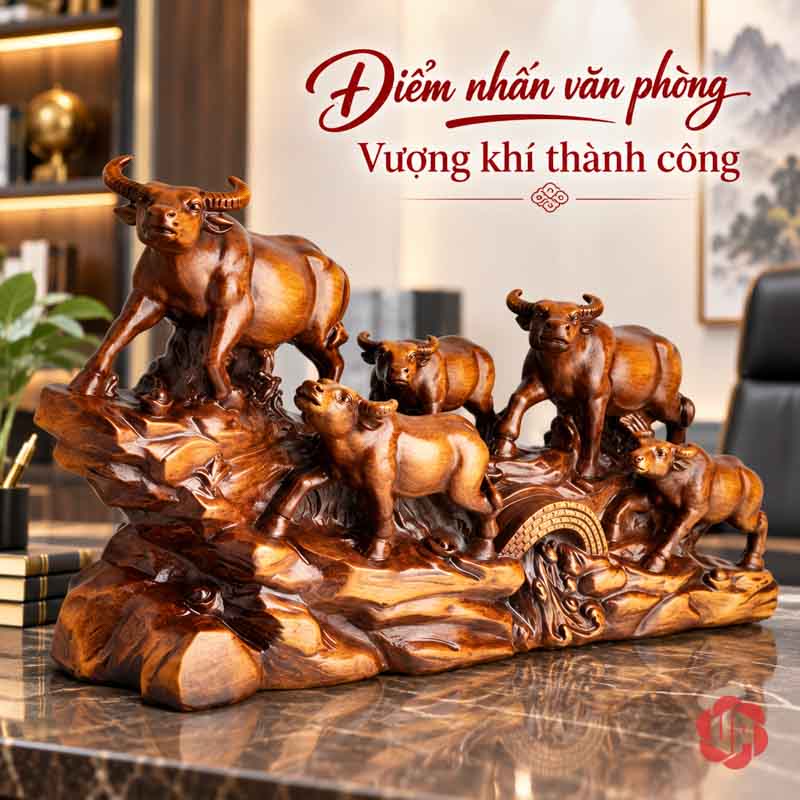 Tượng Đàn Trâu Lên Núi Nâu Gỗ UPV059 Đàn trâu lên núi trên mặt bàn đá trong không gian nội thất