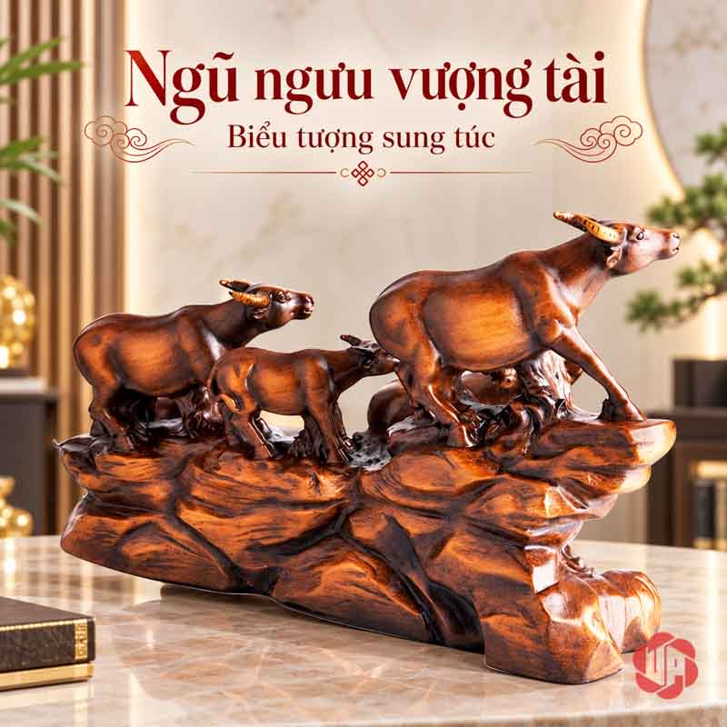 Tượng Đàn Trâu Lên Núi Nâu Gỗ UPV059 Tượng đàn trâu nâu trong khung cảnh nội thất tông ấm