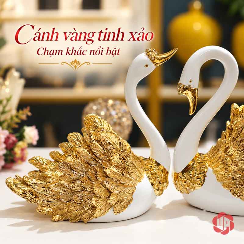Đôi Tượng Thiên Nga Trắng Cánh Vàng UPV060 Đôi thiên nga với cánh vàng nổi nhìn từ góc chéo