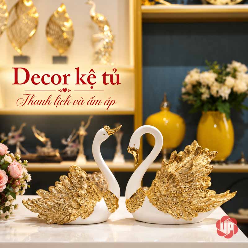 Đôi Tượng Thiên Nga Trắng Cánh Vàng UPV060 Tượng đôi thiên nga trên mặt kê trước tủ đồ decor