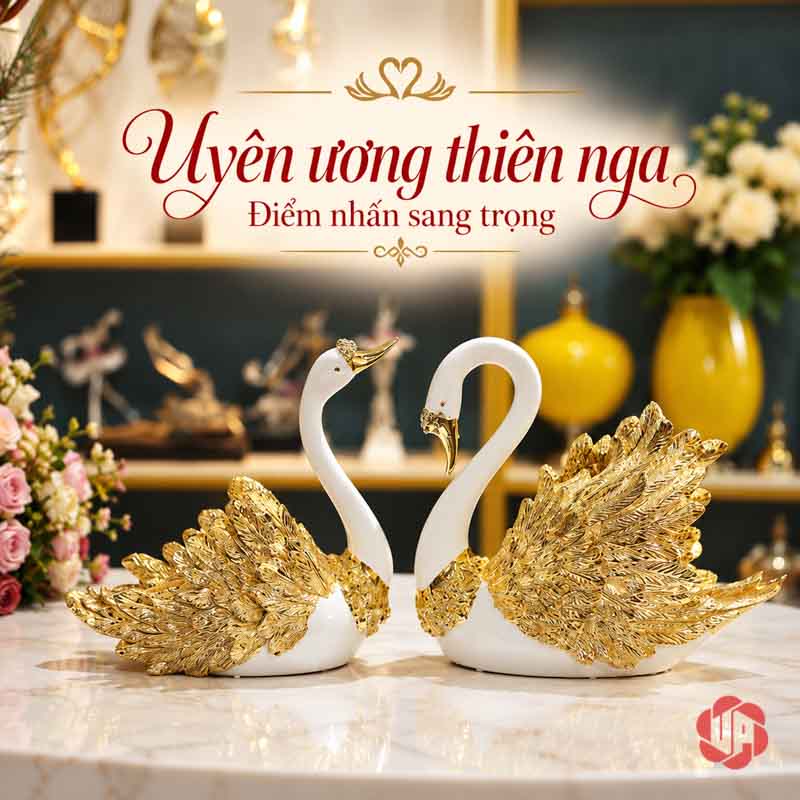 Đôi Tượng Thiên Nga Trắng Cánh Vàng UPV060 Bộ đôi thiên nga UPV060 trong không gian trang trí tông ấm