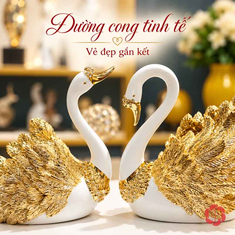 Đôi Tượng Thiên Nga Trắng Cánh Vàng UPV060 Cận cảnh hai cổ thiên nga cong tạo khoảng trống hình tim