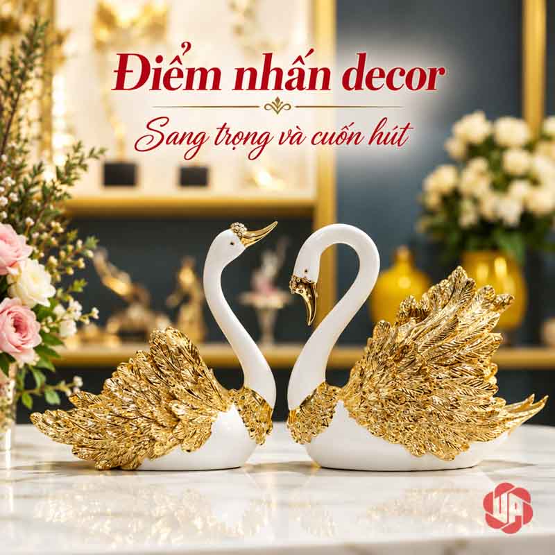Đôi Tượng Thiên Nga Trắng Cánh Vàng UPV060 Đôi tượng thiên nga trong bố cục có hoa và tủ trang trí