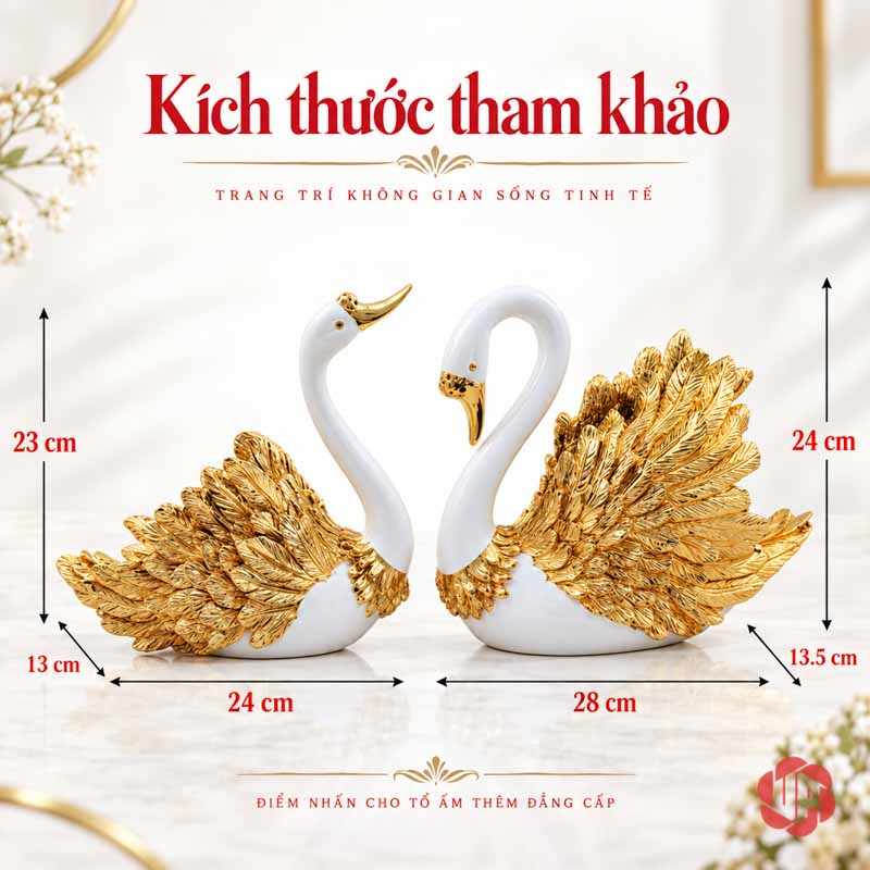 Đôi Tượng Thiên Nga Trắng Cánh Vàng UPV060 Ảnh tham khảo kích thước riêng của hai tượng thiên nga