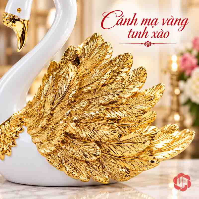 Đôi Tượng Thiên Nga Trắng Cánh Vàng UPV060 Chi tiết các lớp lông trên cánh thiên nga màu vàng