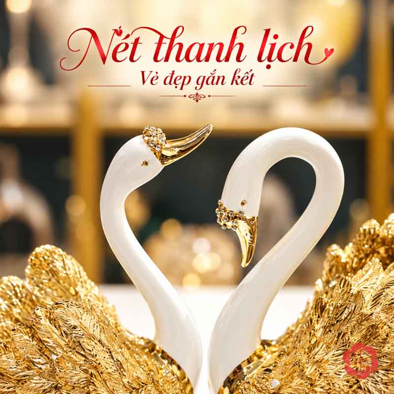 Đôi Tượng Thiên Nga Trắng Cánh Vàng UPV060 Cận cảnh hai cổ thiên nga trắng và các chi tiết màu vàng