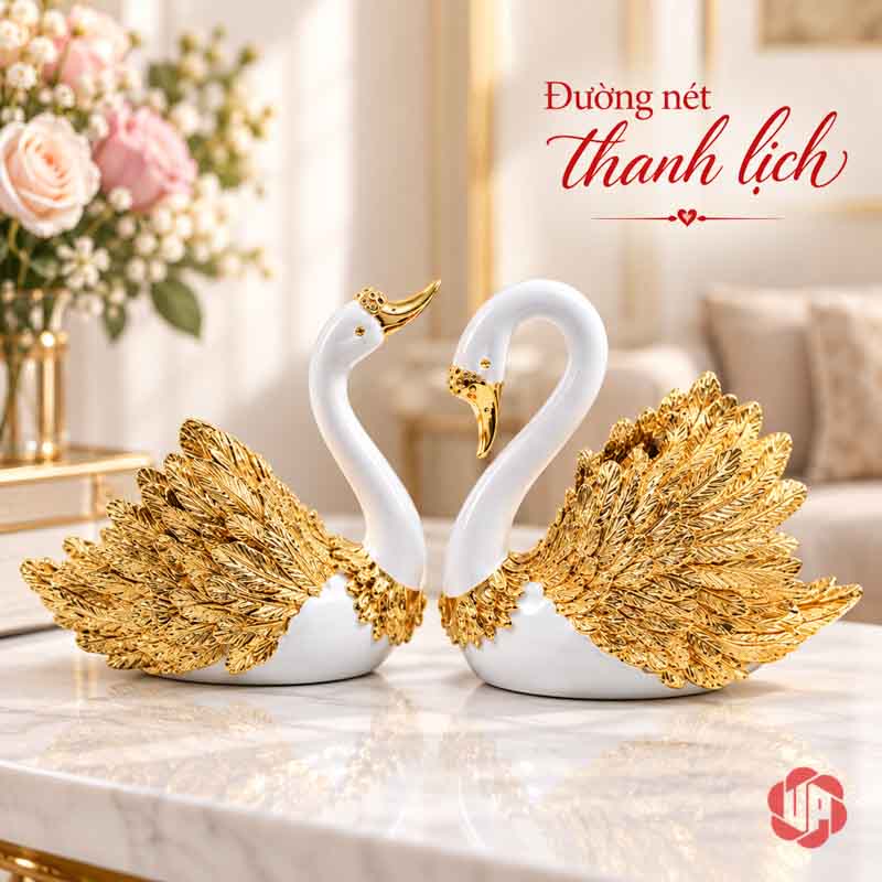 Đôi Tượng Thiên Nga Trắng Cánh Vàng UPV060 Bộ đôi thiên nga đặt trên mặt đá trong phòng khách sáng