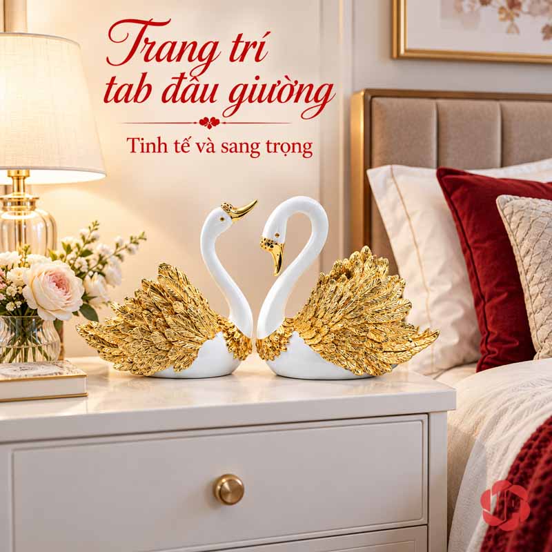 Đôi Tượng Thiên Nga Trắng Cánh Vàng UPV060 Bộ đôi thiên nga ở góc đầu giường với đèn và hoa