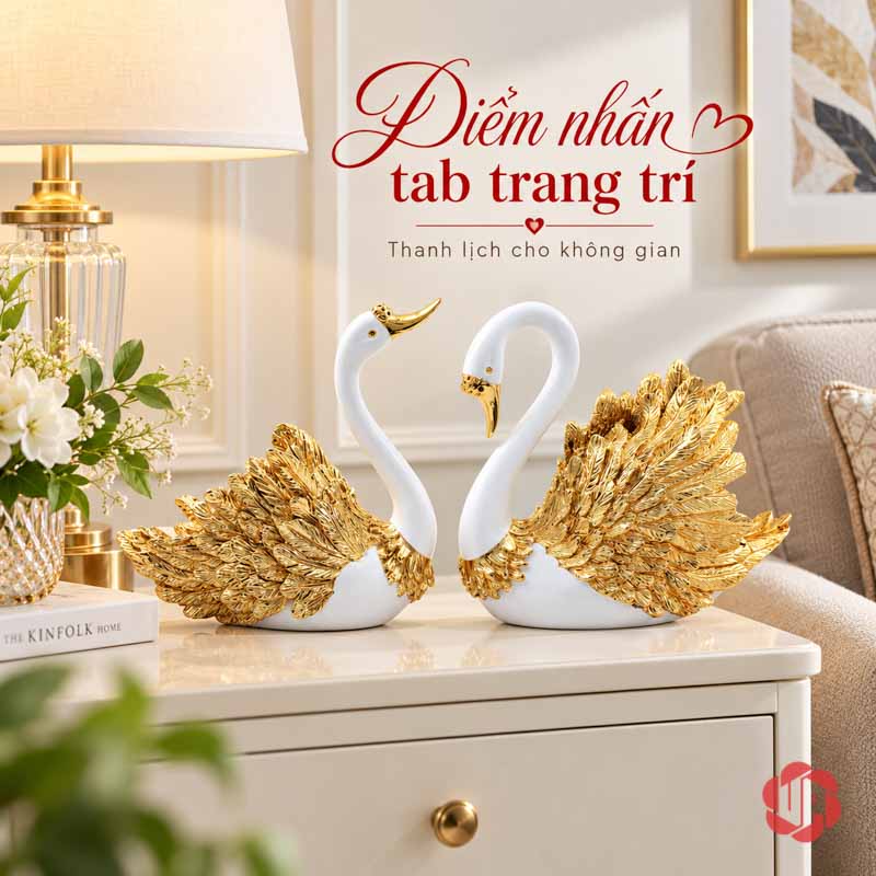 Đôi Tượng Thiên Nga Trắng Cánh Vàng UPV060 Đôi thiên nga trang trí trên tủ cạnh giường màu trắng