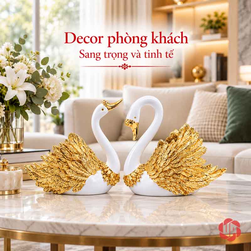 Đôi Tượng Thiên Nga Trắng Cánh Vàng UPV060 Đôi thiên nga trắng vàng trên bàn trà phòng khách