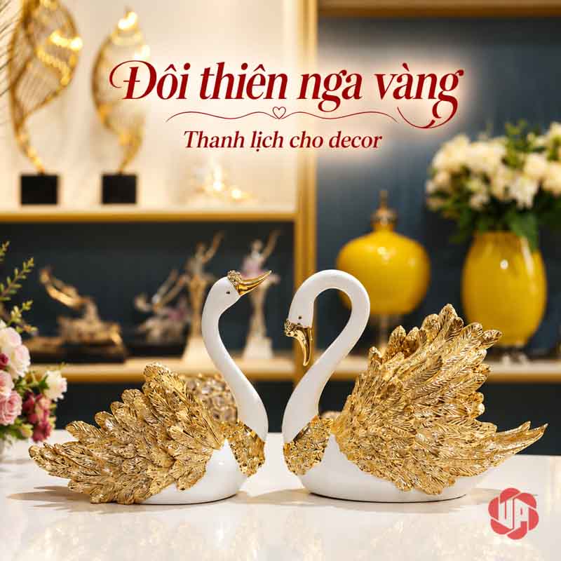 Đôi Tượng Thiên Nga Trắng Cánh Vàng UPV060 Đôi thiên nga trắng vàng đặt trước hệ kệ nền tối